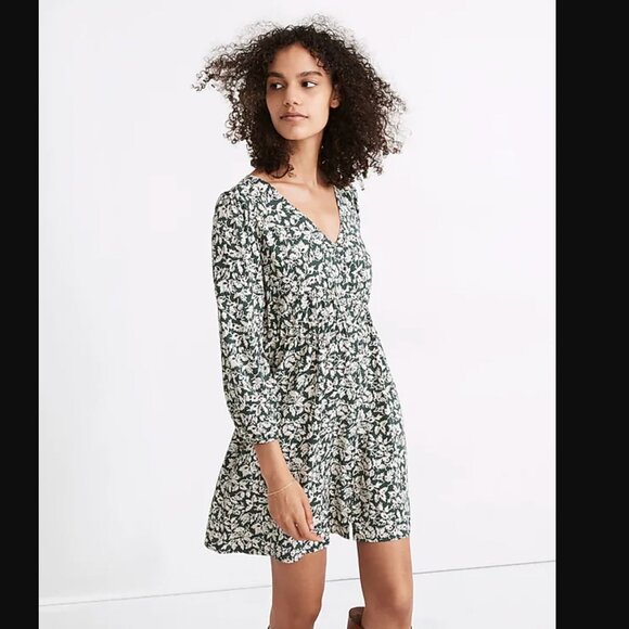 Madewell V-Neck Button-Front Mini Floral Green Dress in Forest Leaves Size Large - Picture 1 of 9